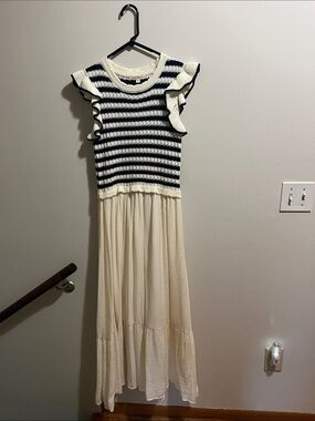 Navy Stripe Knit Top with Cream Maxi Skirt Dress